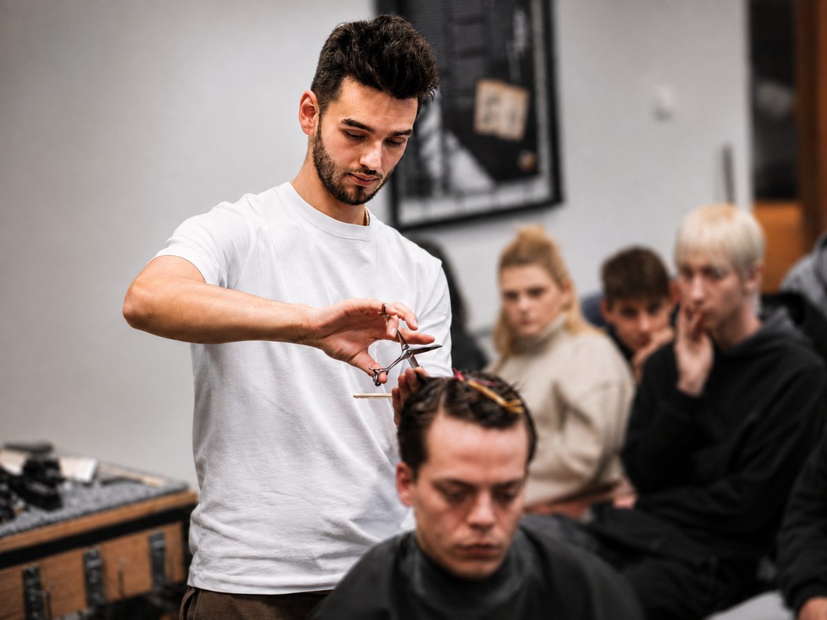 Miroslav Semkiv stříhá na kurzu Barber School, studenti sledují postup